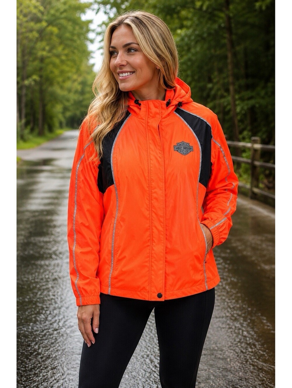 Harley-Davidson Women's Small Hi-Vis Orange Reflective Hooded Rain Jacket Mesh L